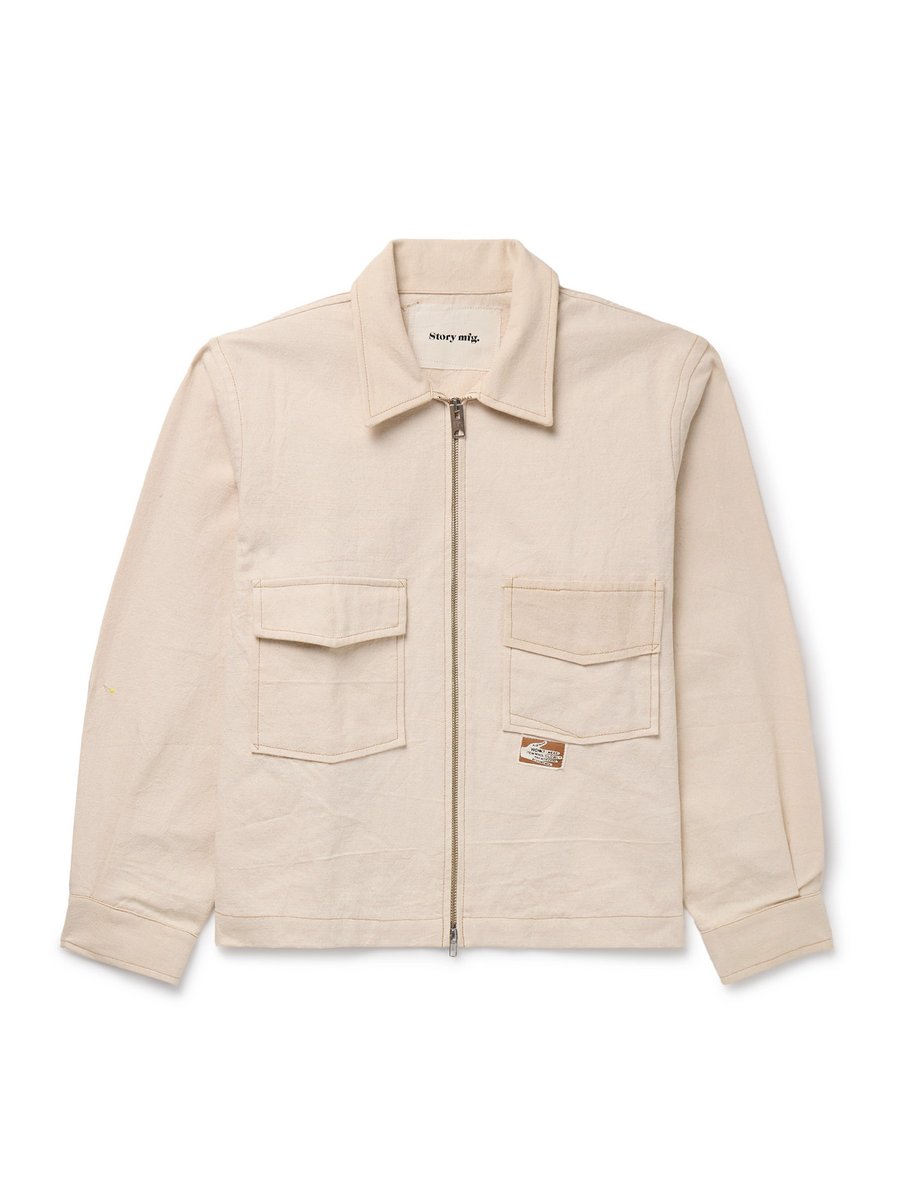Story Mfg. 555 Appliquéd Organic Cotton-Canvas Zip-Up Shirt Jacket, Neutrals
